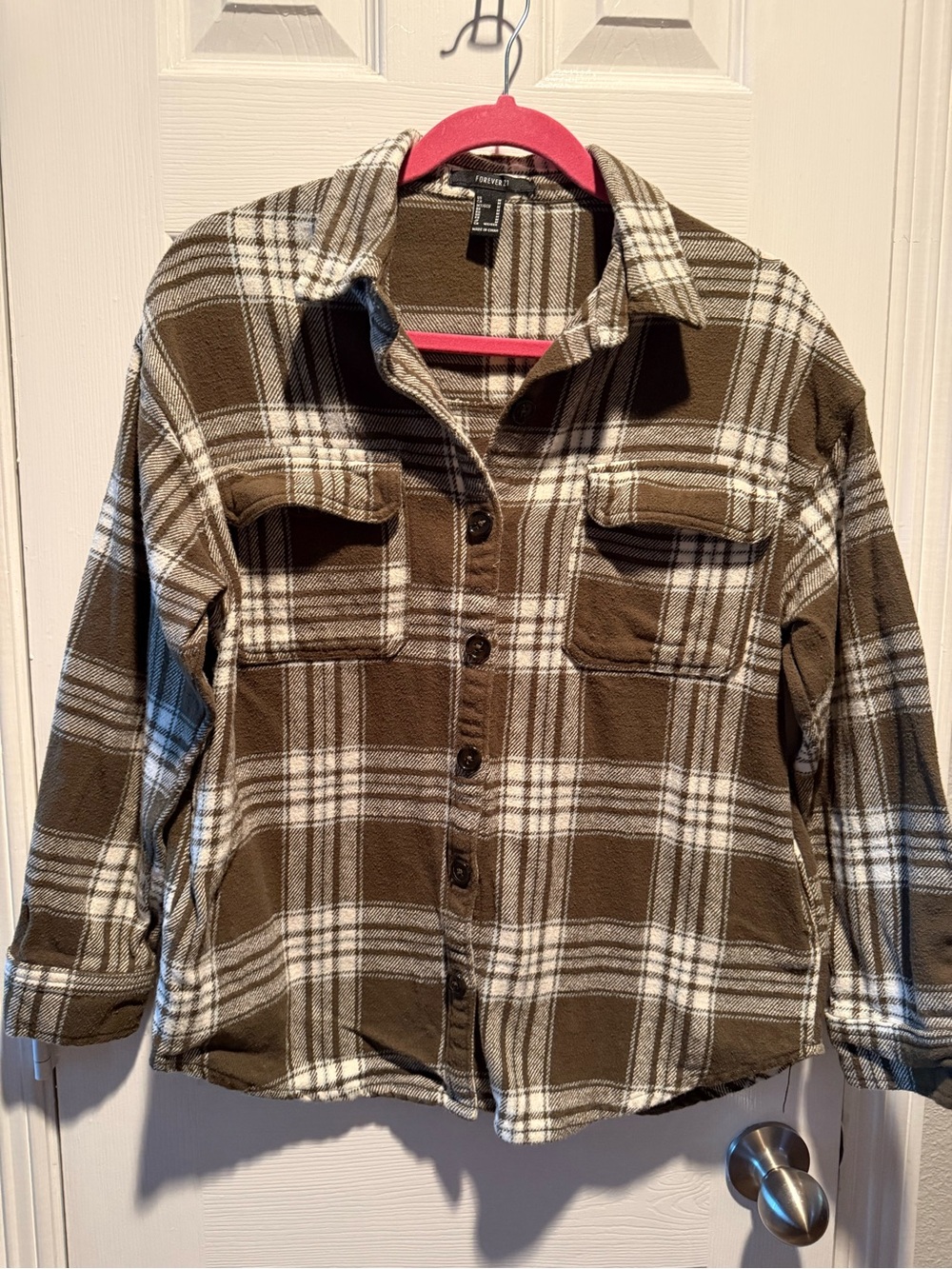 Forever 21 Brown Cream Plaid Flannel Shacket Button Down Shirt M